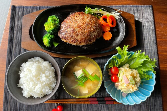 Ebisu Food Tasting Experience with Japanese Cooking Class - Hamburger Steak Course Breakdown: Hambāgu with Potato Salad and Miso Soup