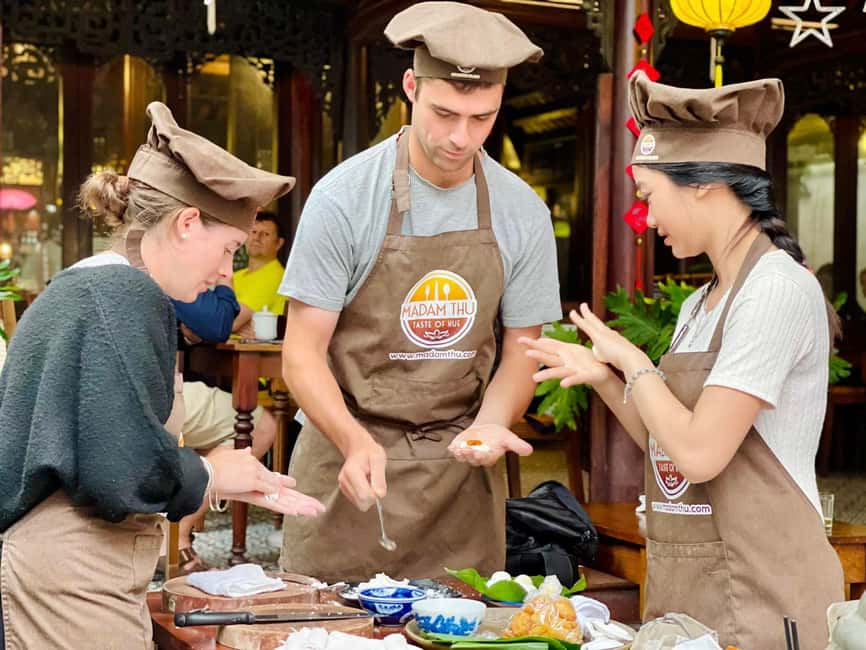 Hue City: Cyclo, Market Tour & Cooking Class at Madam Thu - Hue Cooking Class in Practice: Three Dishes, Three Skills