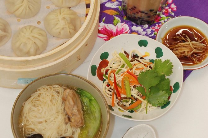 Xiao Long Bao, Chicken vermicelli with mushroom and sesame oil, Tofu strips salad, Bubble milk tea. Taiwan Traditional Delicacies Experience-A (Taipei Cooking Class) - Small details that make the experience feel organized